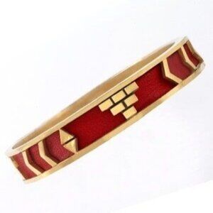 House of Harlow 1960 Aztec Red Leather Gold Tone Slip On Bangle Bracelet